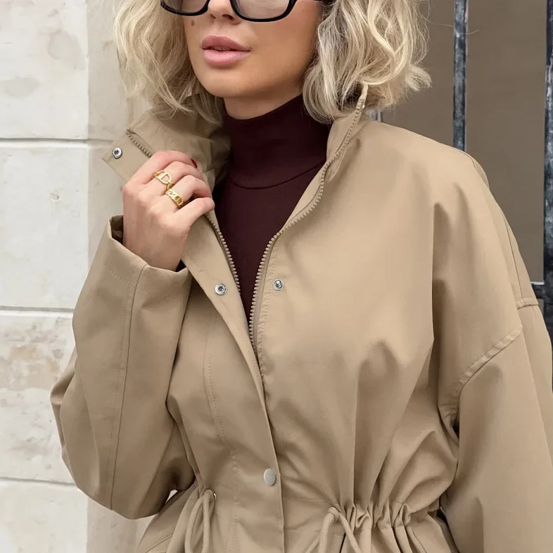 Autumn Barn style retro tooling trench coat women's medium and long drawstring waist lace slack simple casual coat