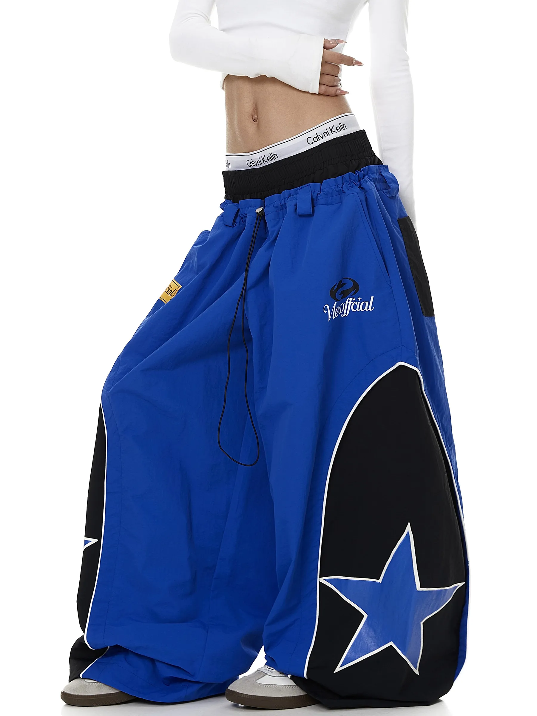 American Street Racing Style Color Block Paratrooper Pants Men's Loose Wide Leg Casual Trousers for Street Dance