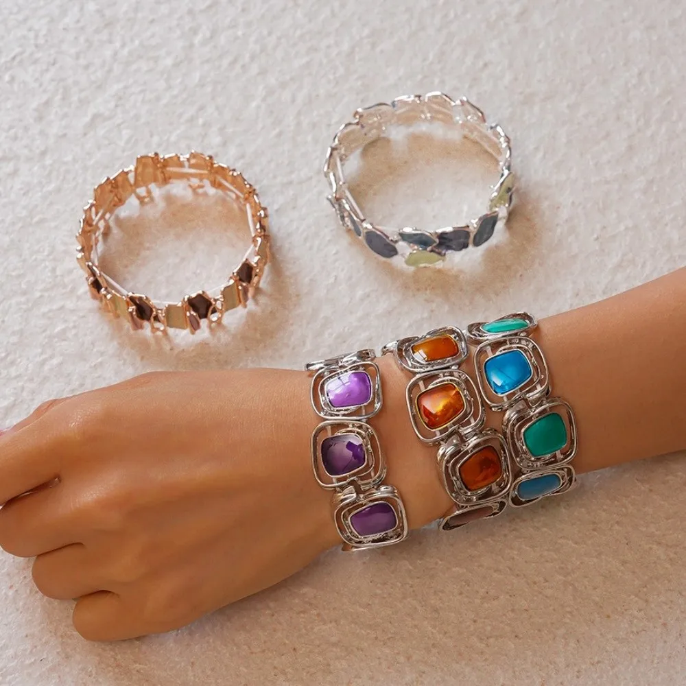 Pulseira geométrica irregular colorida óleo rosa à prova d'água pulseira elástica esmaltada circular patchwork pulseira de mão feminina