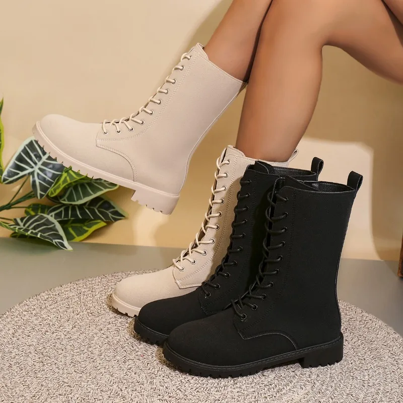 

2025 новые модные женские ботинки на шнуровке в стиле панк, осенне-зимние ботинки до середины икры с боковой молнией, женские ботинки на низком каблуке