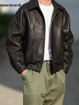 Mauroicardi-chaqueta de cuero Pu duro para hombre, chaqueta de diseñador de lujo con cremallera, ropa Vintage americana, color negro, genial, primavera y otoño, 2024