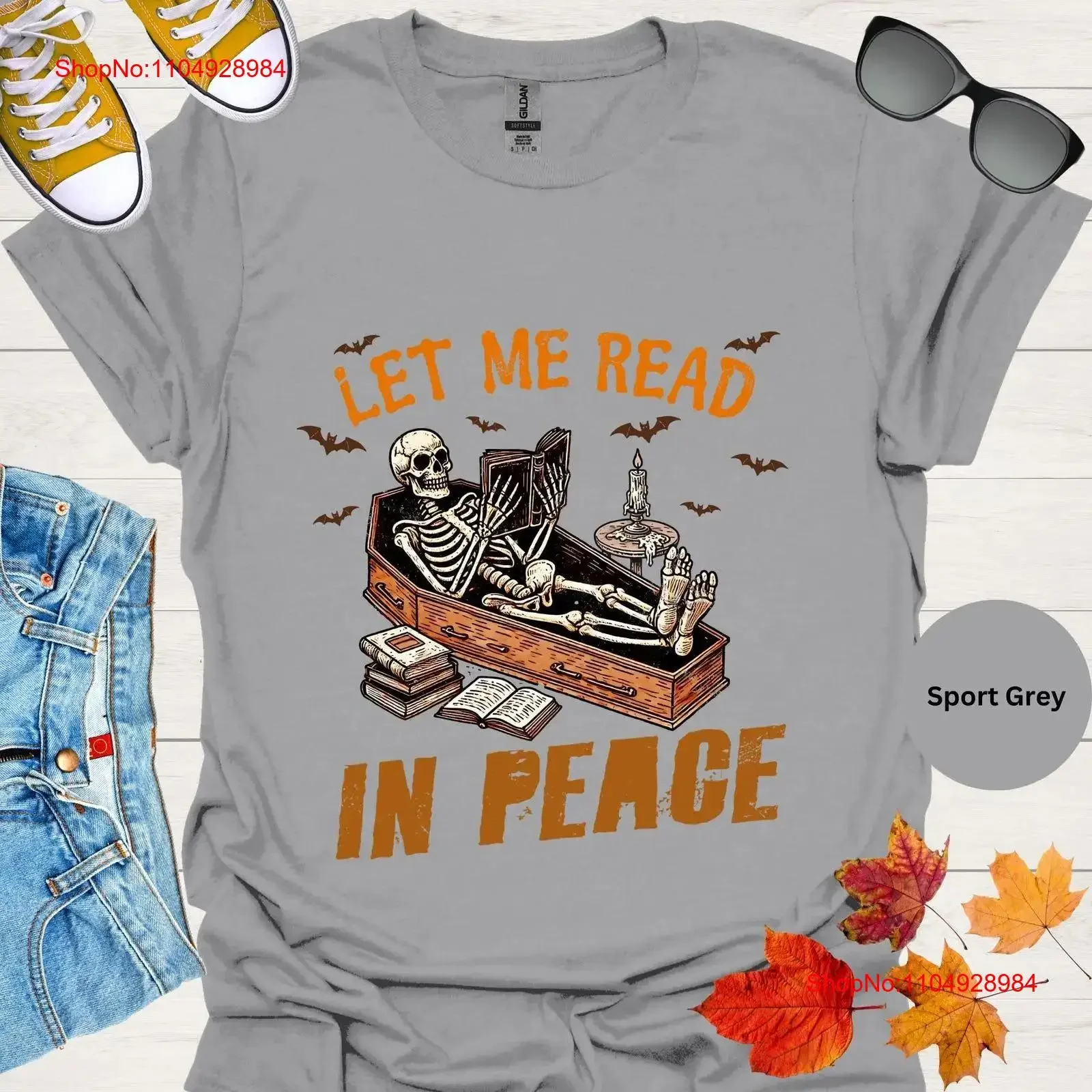 

Let Me Read in Peace T Shirt Books Halloween shirts Skeleton Reading Women oversized tees Plus Size Men vintage Washed