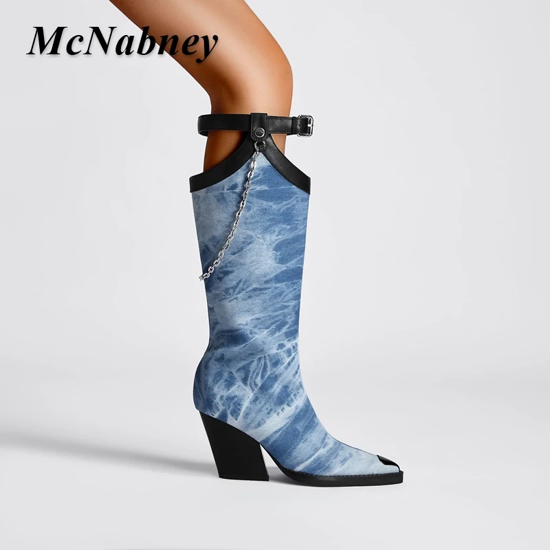 2023 New Denim Metal Buckle Chain Pointed Toe Boots Chunky High Heeled Buckle Strap Fashion Side Zipper Women Knee Boots Shoes