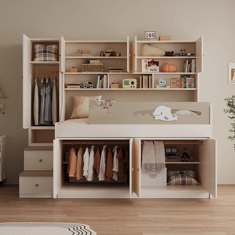 Half-height bed wardrobe integrated with guardrail single bed solid wood children's bed