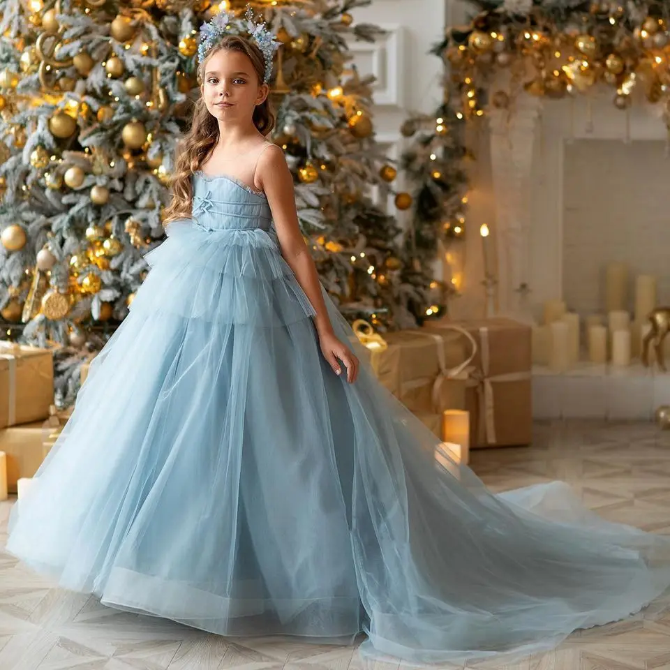 Vestidos de flores para niña, vestido de fiesta de boda con lazos, tren largo, vestido de primera comunión para niños, vestido de baile de tul de princesa