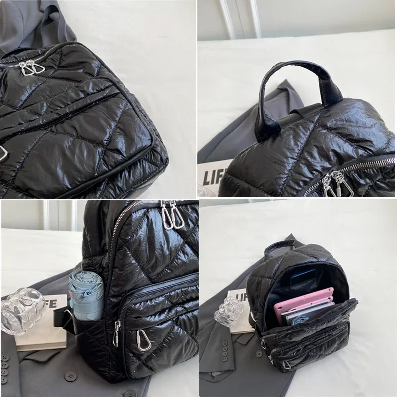 Winter Ultra Light Space Down Women Backpack Quilted Plaid Female School Bag Large Capacity Quilted Rucksack Dailytravel Bags