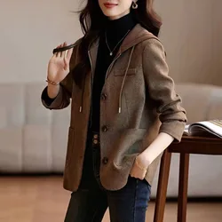 Autumn Winter 2024 New Korean Fashion Woolen Coat Women Fake two pieces Temperament Hoodie Casual Wool Overcoat Ladies Outwear