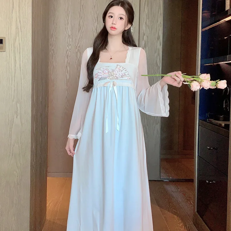 

Female Court Style Long Nightgown Sexy Embroider Hanfu Mesh Bathrobe Sleepwear New Summer Nightdress Casual Modal Home Wear