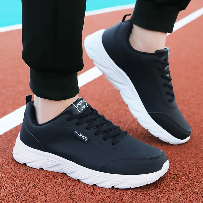 Men's Running Shoes Black PU Upper Flat and Comfortable Walking Shoes Lightweight and Wide Footed Casual Sports Leather Shoes
