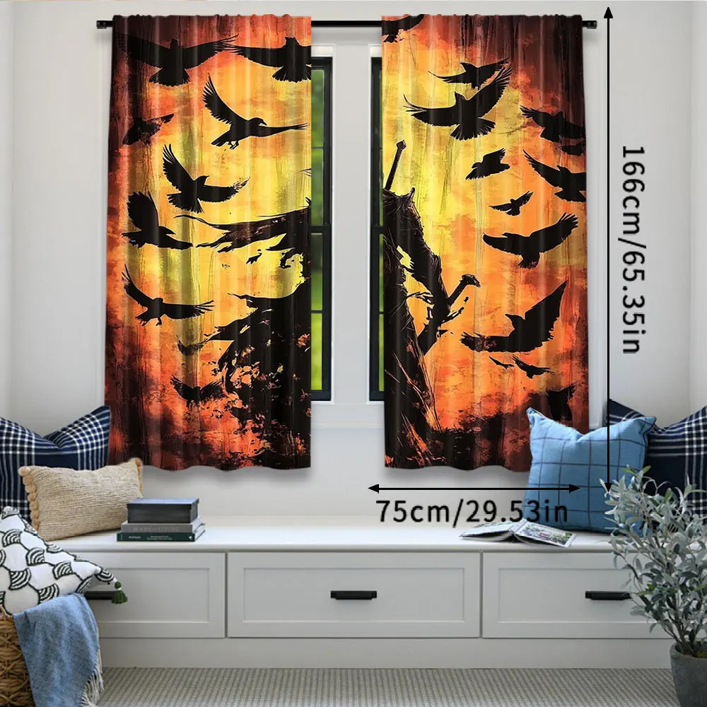 2Pcs Japanese Anime Samurai Windows Curtains Crow Curtain Theme For Living Room Bedroom Modern Simplistic Drapes