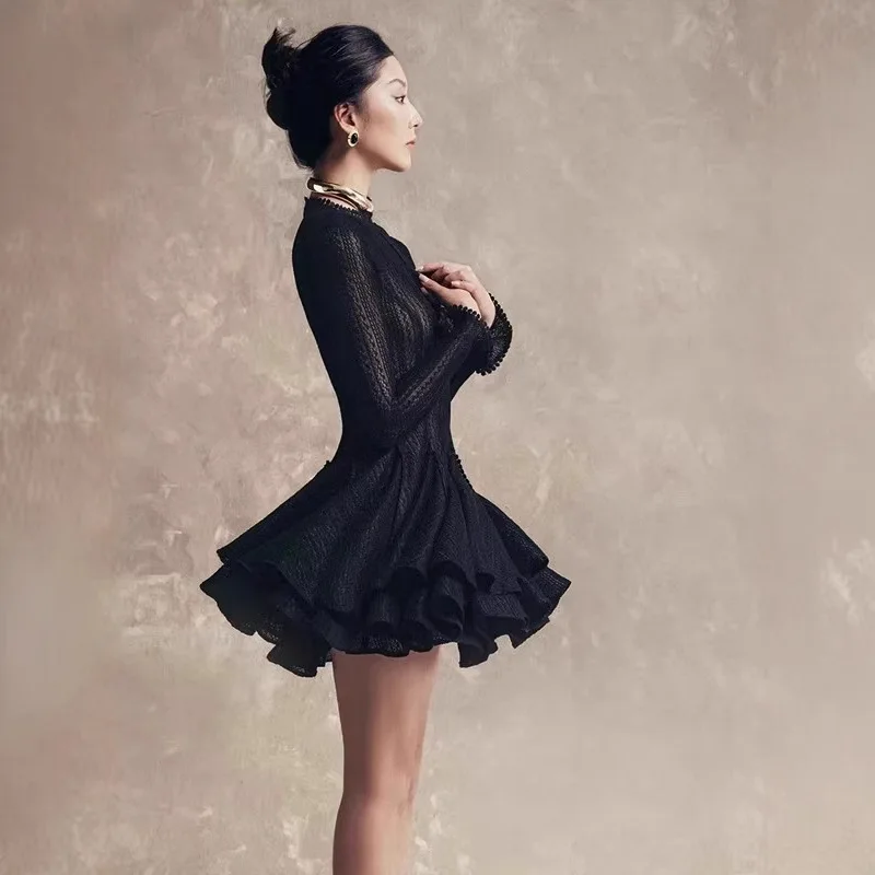 

2024 Autumn Black Crew Neck Flare Long Sleeve Lace Dress Women's Autumn See Through Fit Flare Fluffy Dress