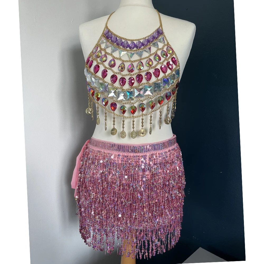 Burning Festival Rave Party Women Outfits Colorful Acrylic Gems Tassel Tank Tops + Sequins Fringe Belly Skirt For Sexy Clubwear