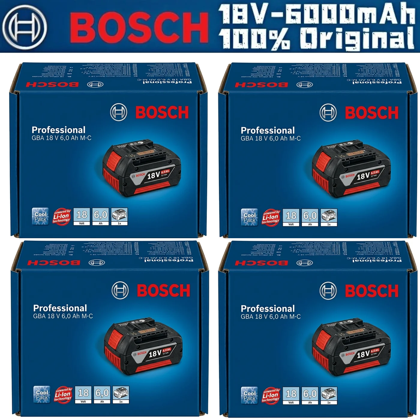 Bosch 18V 6.0Ah 6000mAh Rechargeable Li-ion Battery Professional Cordless Tool Battery BAT609 BAT618 GBA18V80 2/3/4PCS Optional