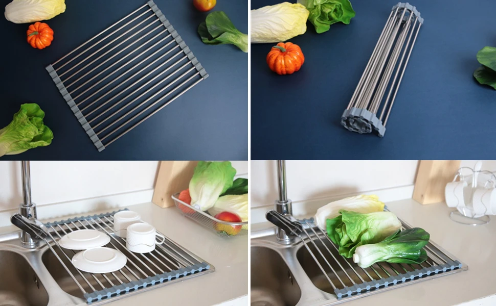 extendable roll up dish drying rack over the sink