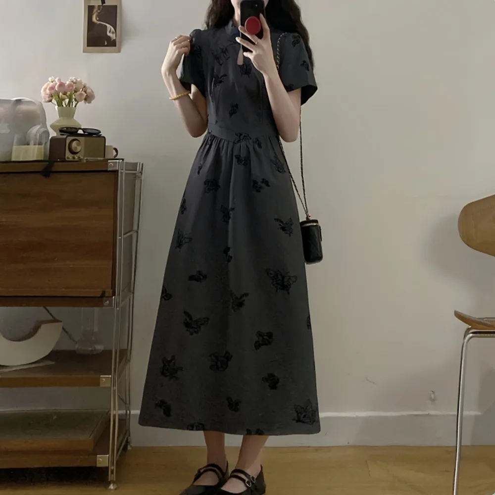 여성 여름 Y2K 슬림핏 A라인 드레스, 복고풍 나비 프린트 컷아웃 디자인 개구리 버튼 틈새 그레이 중국 스타일 치파오