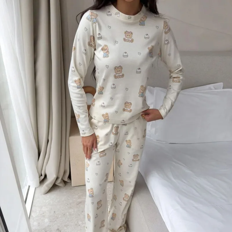 2026 Spring Summer New Women's Bear Print Long Sleeve Pants Pajama Set Stylish Two Piece Lounge Wear Casual Outings Underwear