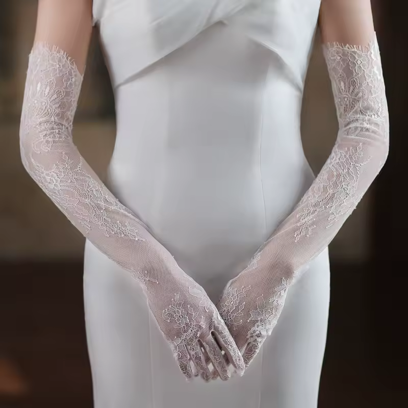 WG054 Wedding Bridal Long Gloves Eyelash Edge Lace Appliqed Finger Bride Handschuh White Gloves Women Prom Opera Gloves - Image 4