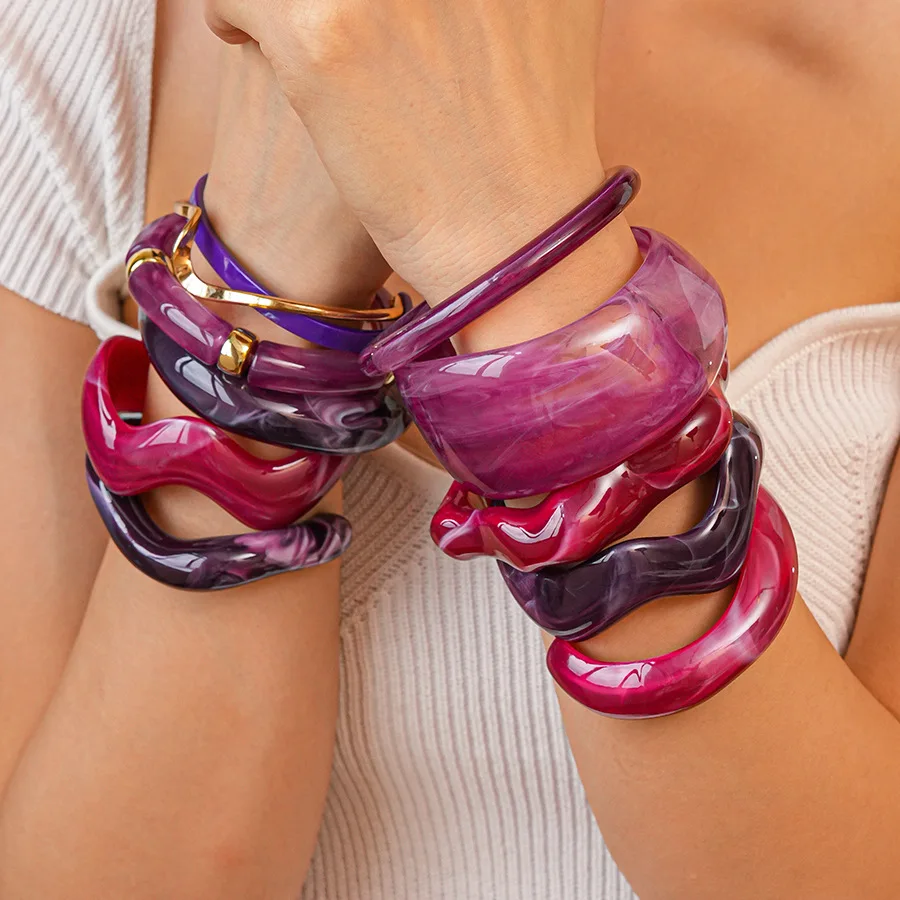 Irregular Wide Edge Acrylic Bangles for Women Geometric Smudge Purple Fashion Bangle for Daily Wear Bracelet Accessories B1