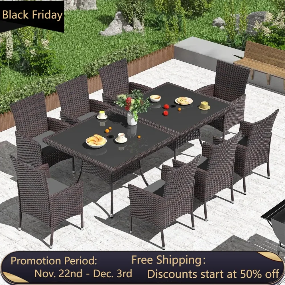 Courtyard rattan outdoor dining table set, square tempered glass tabletop with umbrella hole and 8 chairs, gray