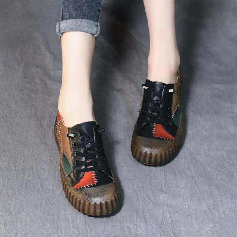 Retro Patchwork Leather Single Shoe for Women Platform Shoes Spring 2023 Autumn British Style Casual Shoes with Low Tops Sneaker