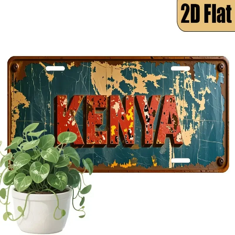 Kenya Map Themed Vintage Distressed Aluminum Tin Sign, License Plate Style 2D Flat Printing, Wall Decor for Car & Bar