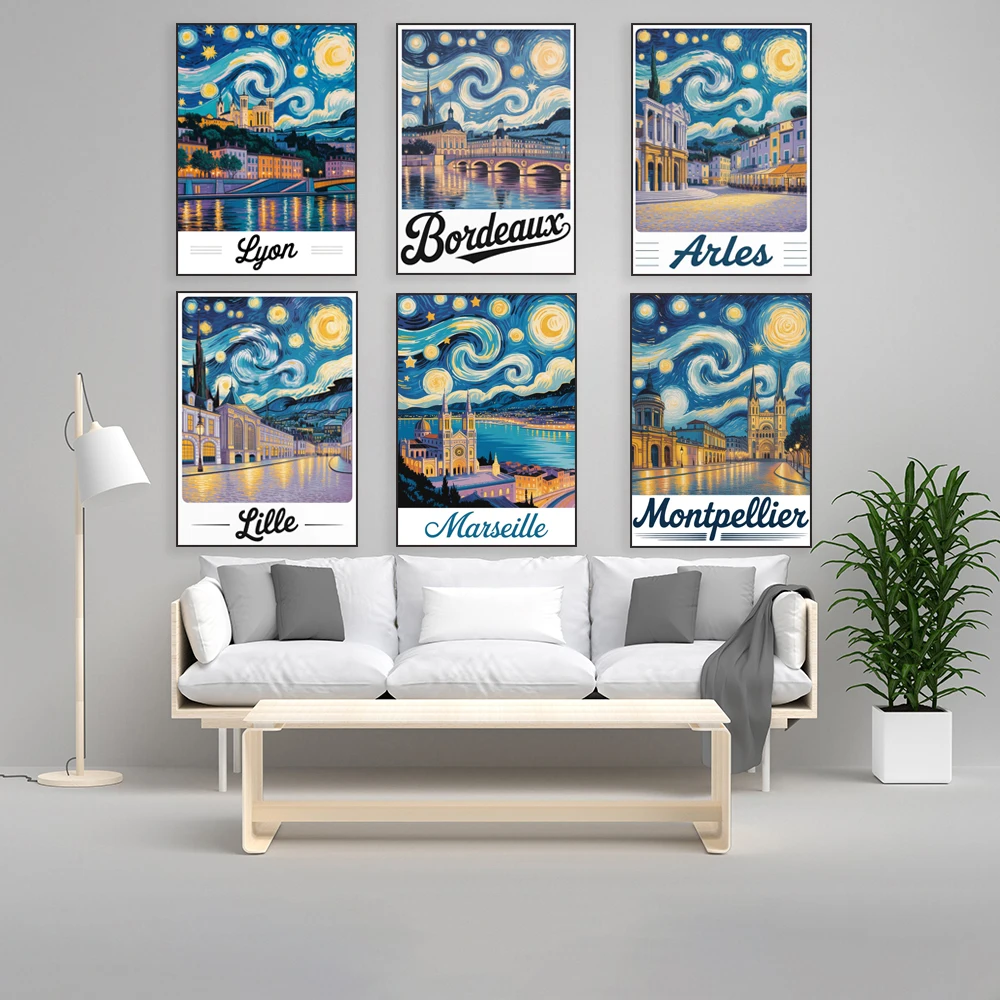 Arles, Paris, Marseille, Lyon, Toulouse, Nantes, Strasbourg, Bordeaux, Nice, Lille Van Gogh style starry night scenery poster