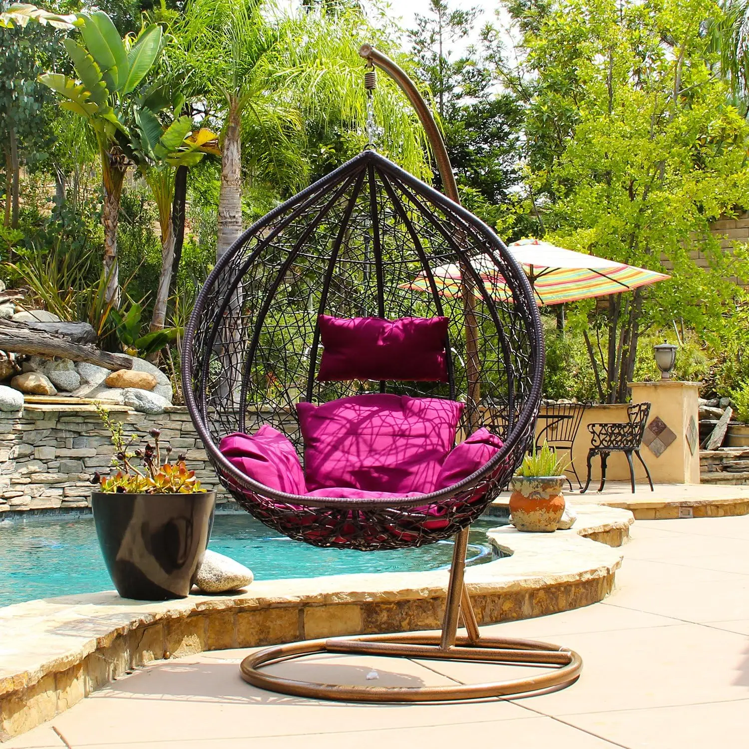 

J.M.Deco Patio Swing Chair with Stand, Beige Cushion, Egg Chair with Support Frame, Hammock Chair Swing Wicker Plastic