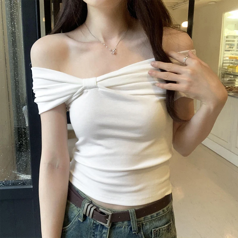 Summer Off Shoulder Bow Short Sleeve T-Shirt Women Stylish Ruched Slash Neck Cropped Tops Daily All-Match Solid Slimming Blouses