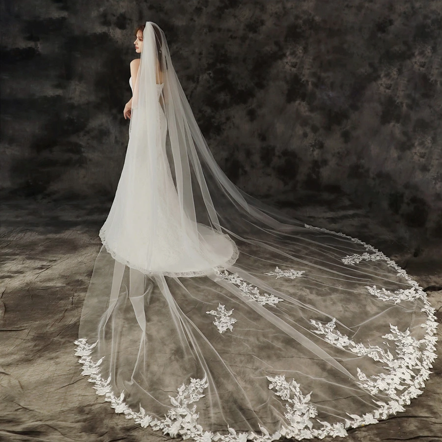 Wholesale One Layer White Ivory Cathedral Bridal Veils Lace Boda wedding accessories wedding dress 2025 bride Bridal Veil