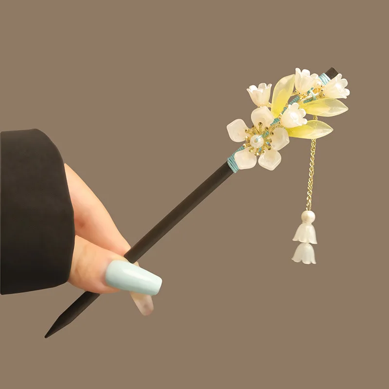 Flower Tassel Pearl Hair Sticks Wooden Hair Fork Hairpin Chinese Style Handmade Floral Hair Stick Women Hanfu Hair Accessories image 5