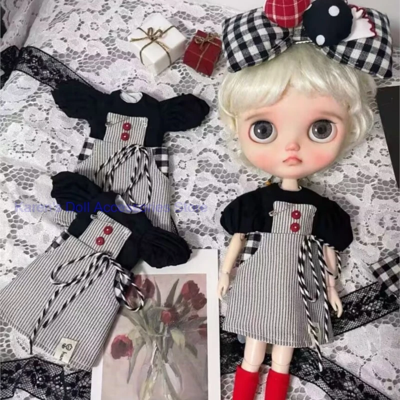 2 pezzi 2026 nuovo stile Abito finto in due pezzi con giunture nere + forcina per capelli con fiocco per Blythe (adatto per Lulu,ymy24,Ob22,24,26, zona, Jenny)