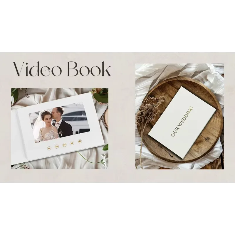 

Our wedding gold foil linen video book, play video and photo cards with a 7-inch IPS display greeting card album