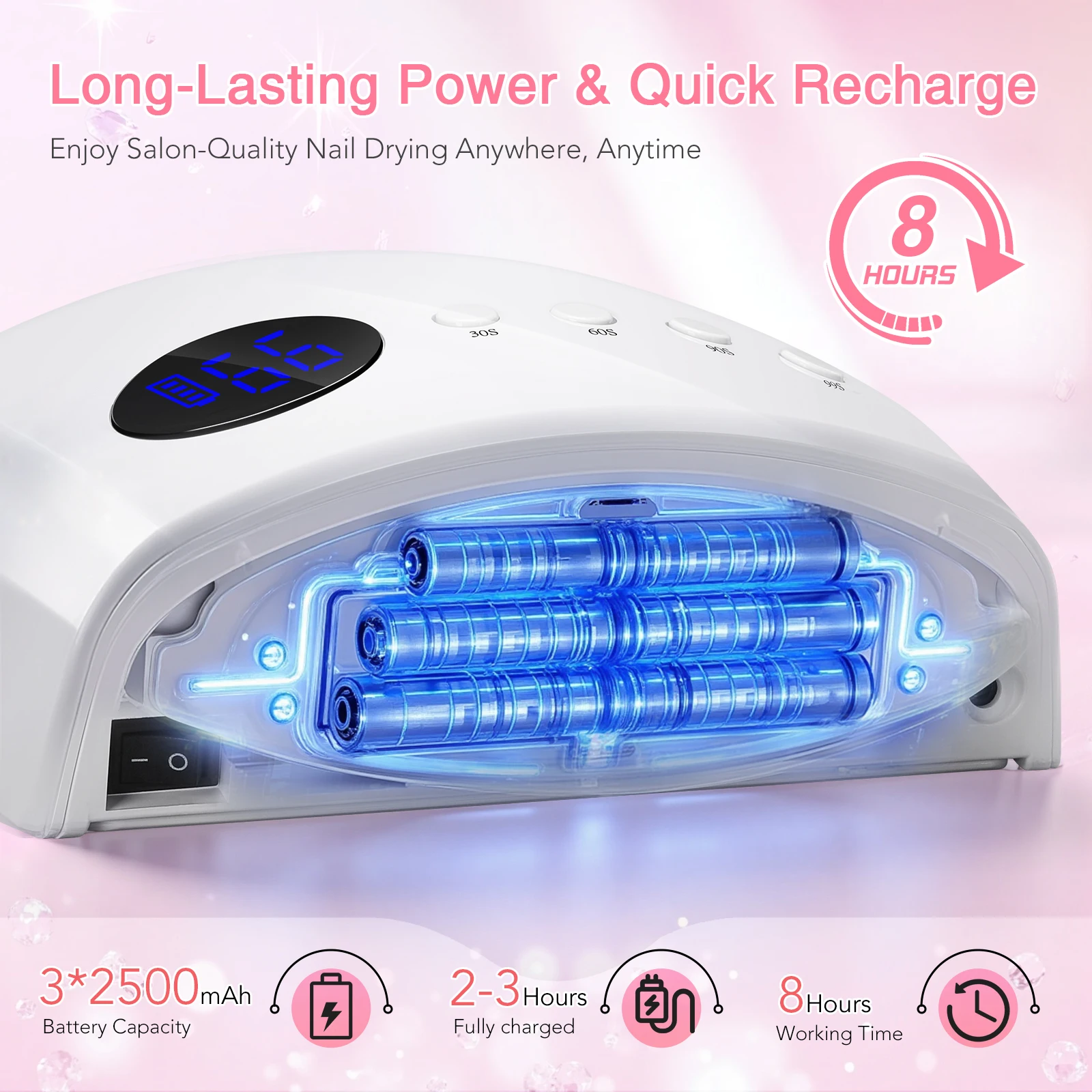 DianaBeauty UV LEDネイルランプ 充電式コードレスネイルドライヤー 4つのタイマー設定付き UVライト マニキュア用 7500mAhバッテリー搭載