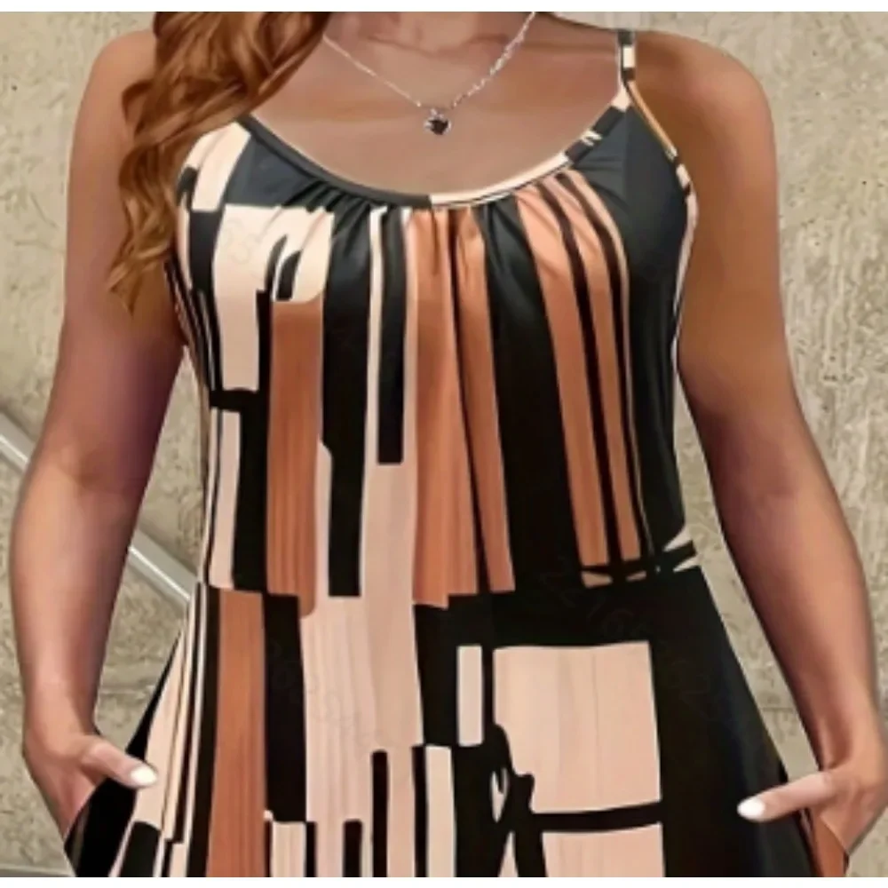 Plus size 1xl-5xl moda feminina l outono colorblock impressão geométrica vestido longo senhoras cami casual tripulação pescoço sem mangas vestido