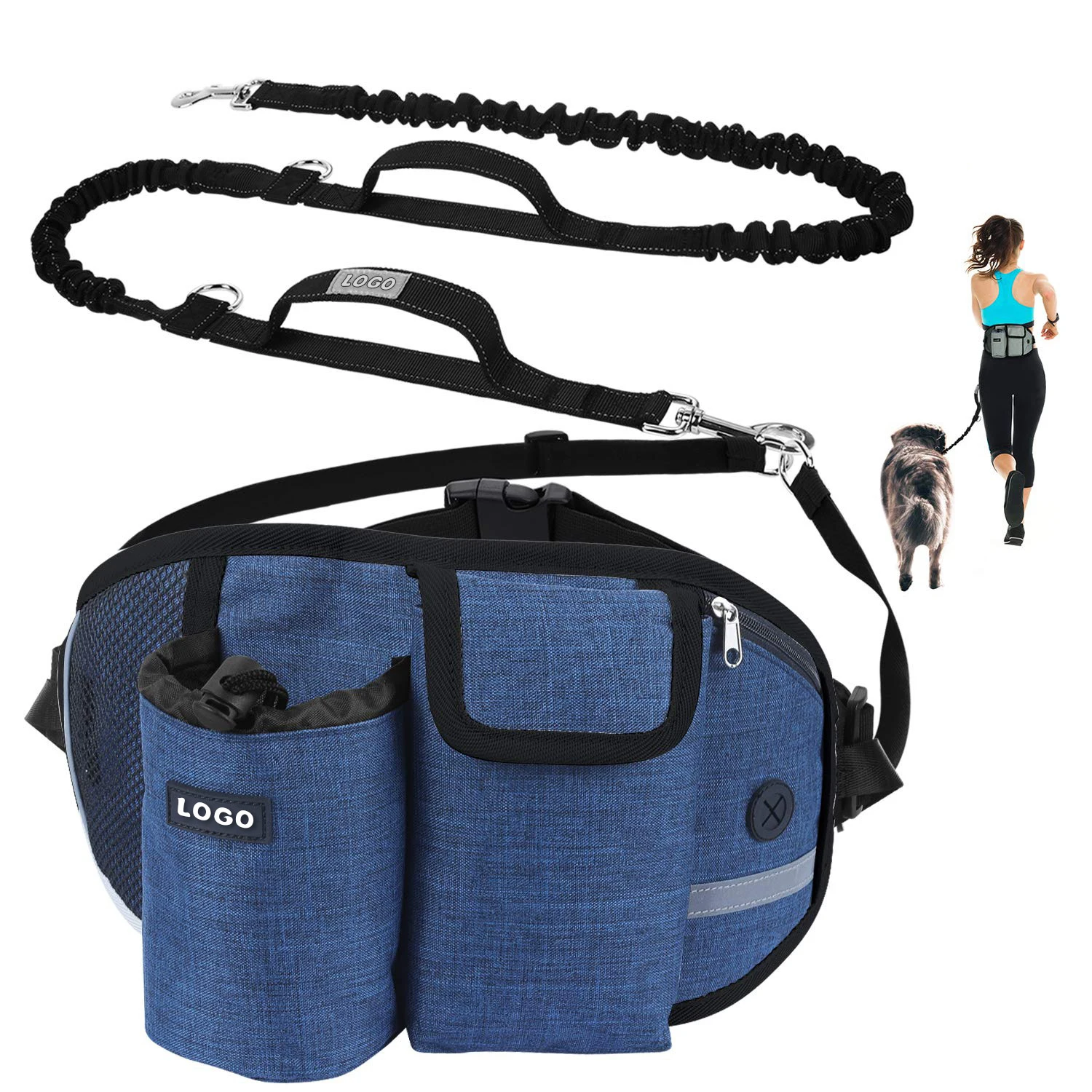 

Outdoor Running Dog Walking Bags Multifunction Training Pet Leash Reflective Hands-Free Waist Treats Bag Pack Fanny Pack Unisex