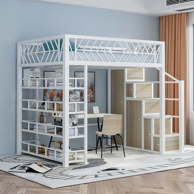 

Nordic wrought iron elevated bed small apartment bedroom functional iron frame student apartment with cabinet hammock combinatio
