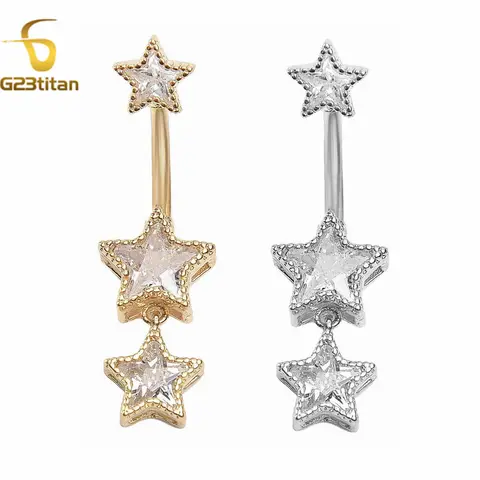 G23titan Zircon Stars Dangle Belly Button Ring 14G 6-16mm Titanium Bar Hypoallergenic Navel Piercings Women Sexy Jewelry Ombligo