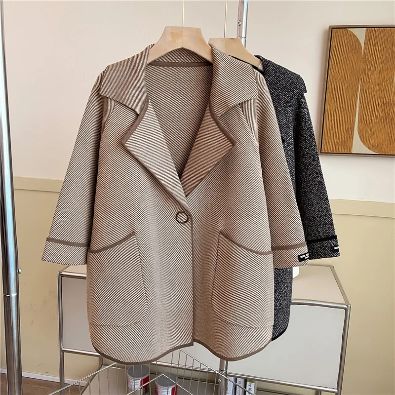 

Women Wool Coats Solid Mid Length Blends Jacket Pocket Long Sleeves Lapel Collar Single Button Loose Casual 2025 Autumn Winter