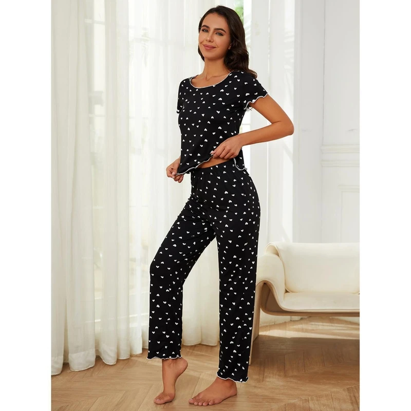 

Contrast Polka Dot Print Pajama Set Satin Short-Sleeve Round Neck Frill Top And Pants Cozy Breathable Fit Women's Sleepwear Pjs