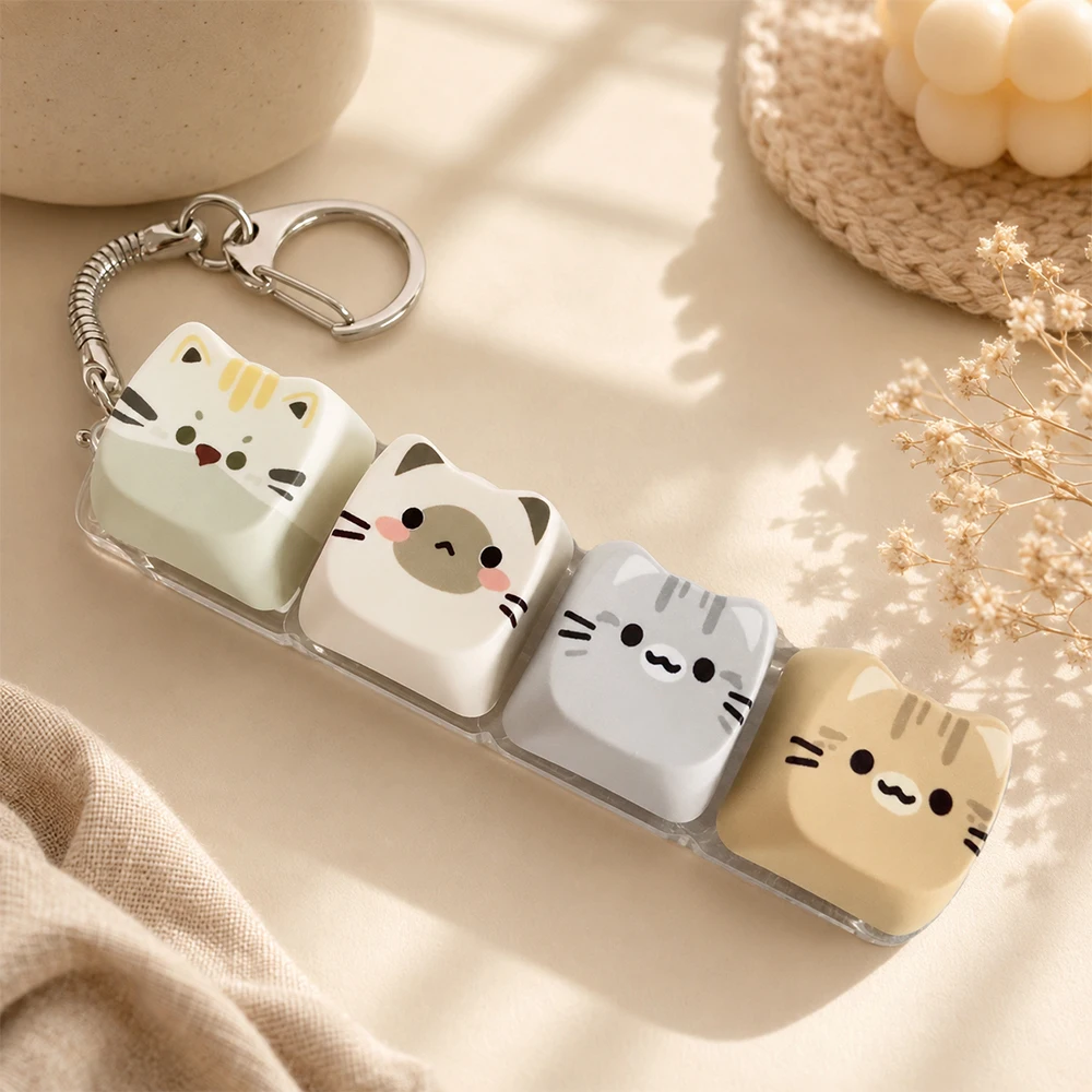 Niedliche Katzen-Relax-Tastenkappe, Kawaii Katzen-4-Tasten-Tastatur-Fidget-Spielzeug als Geschenk für Freunde, tragbarer Fidget-Schlüsselanhänger, modischer Taschenanhänger