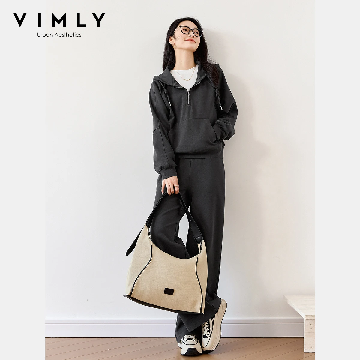 VIMLY Hosen-Sets für Damen, 2-teilig, sportlich, Herbst 20225, mit Kapuze, Kordelzug, Oberteile, lässig, weite Beine, lange Hosen, Damen-Hosen-Sets M8373