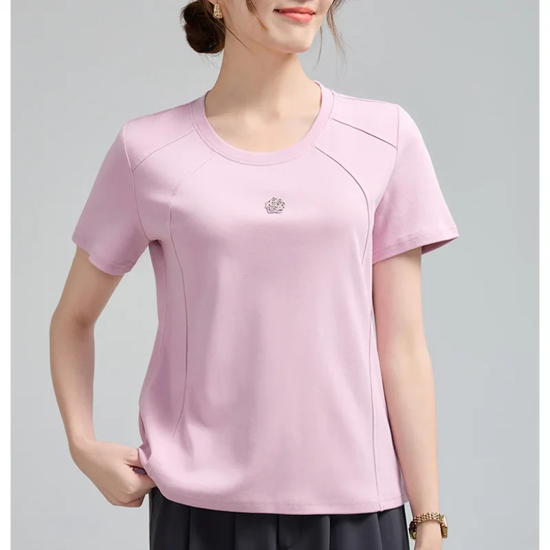 

Women's Solid Cotton T-Shirt Round Neck Short Sleeve Slim Casual Summer Top