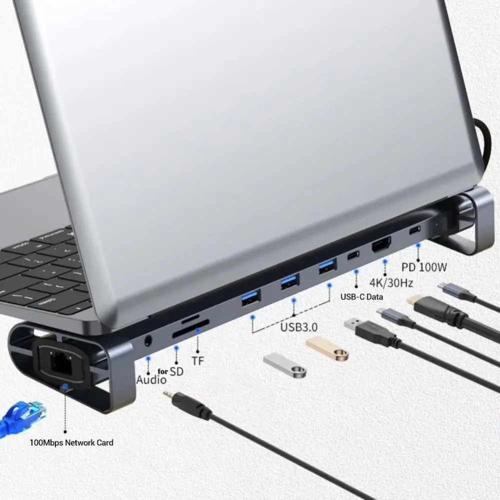 

2025 4K HDTV 10 in 1 Type-C Hub 100Mbps Network USB 3.0 Data Transfer USB-C Docking Station HDD Computer Laptop Stand Base