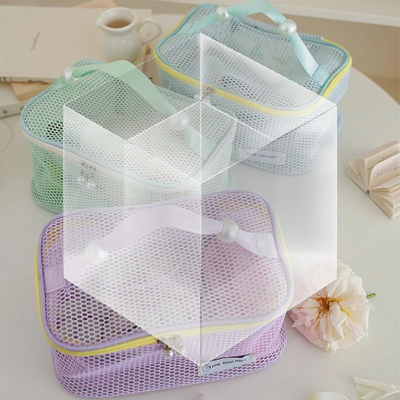 Dopamine Pearl Zipper Toiletry Bag Travel Cosmetic Organizer with Portable Mesh Design
