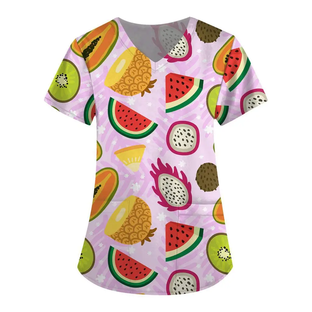 2025 ยุโรปและอเมริกาผู้หญิงขัดผลไม้รูปแบบ 3Dการพิมพ์Vคอสั้นแขนเสื้อPatch Pocket Topsชุดผ่าตัดผู้หญิง