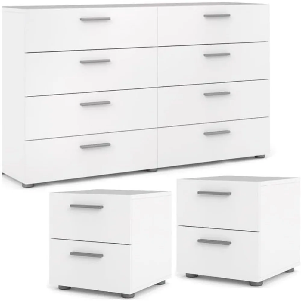 

Scandinavian Look 3 Piece Bedroom Set 8 Drawer Double Dresser and Two Nightstand in White, Nightstands