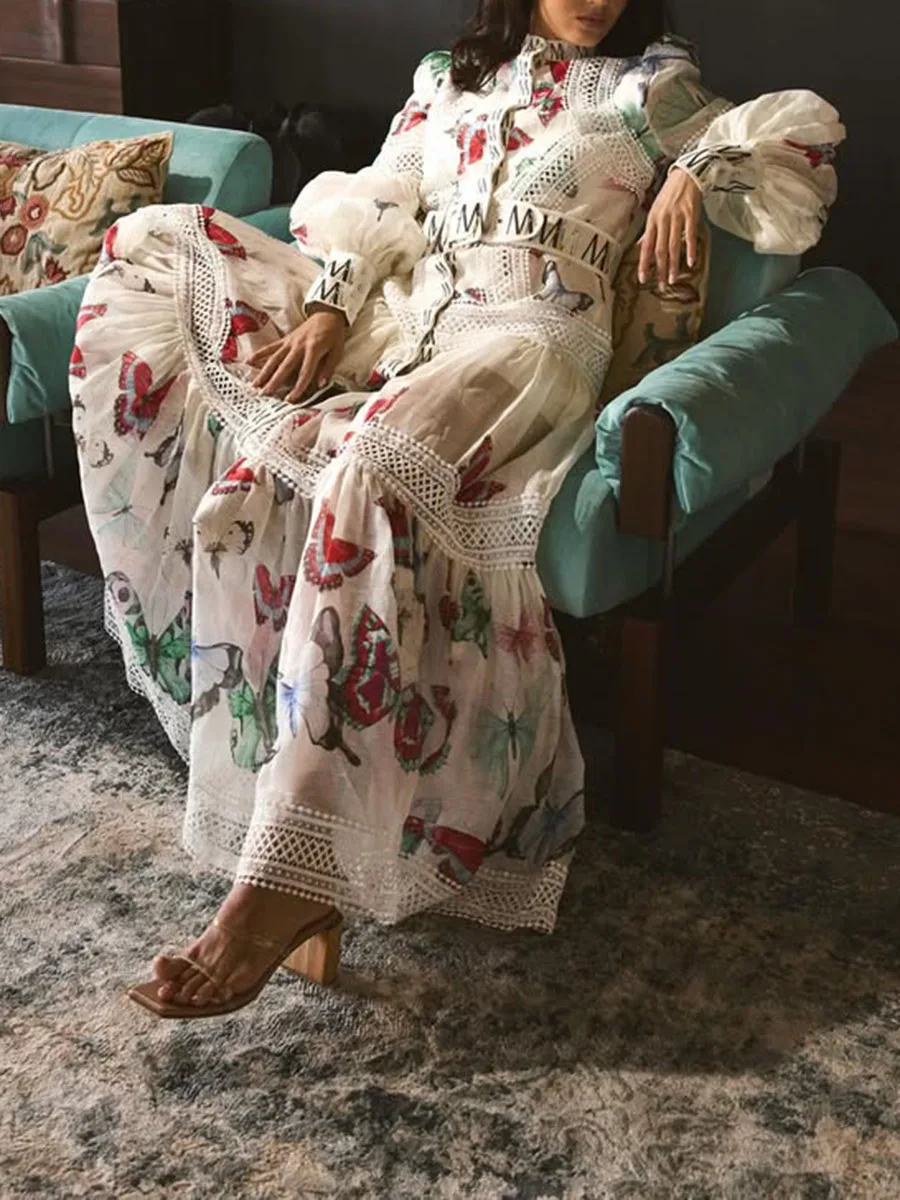 VGH Colorblock Print Maxi-jurken voor dames Opstaande kraag Lantaarnmouwen Hoge taille Gesplitste sjerpen Pure modejurk Dames Nieuw