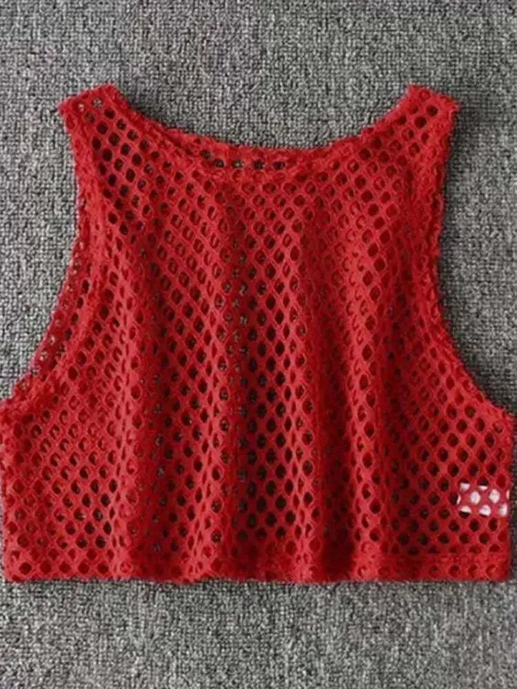 Sexy preto vermelho oco para fora colheita topo malha t camisa feminina solta moda verão básico topos para mulher fishnet camisa