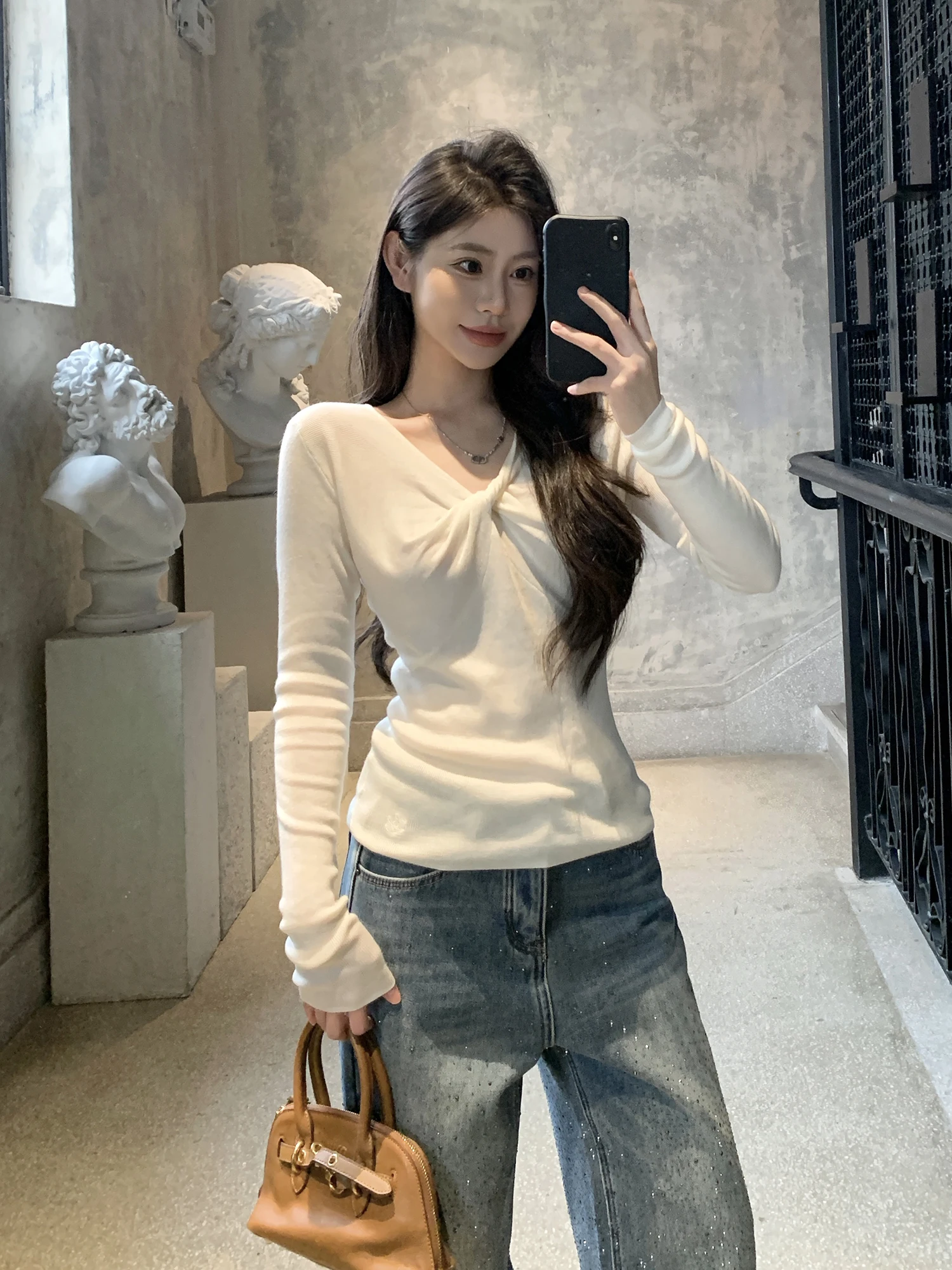 

Slim Fit Camere V Ne Knitted Sweater Women's Winter Faion Casual Sle Long Sve Base Layer Twist Knot Top