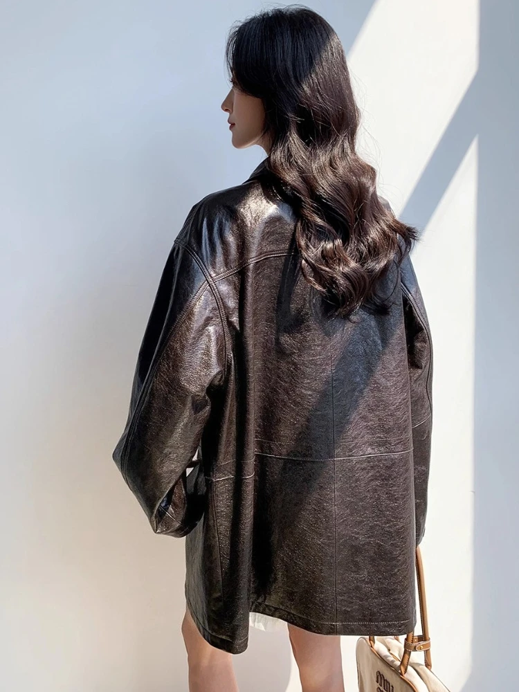 منتصف طول سترة واقية من الجلد الطبيعي سترات النساء الخريف الشتاء الراقية بسيطة فضفاضة الصلبة لينة النفط الشمع معطف جلد الغنم الحقيقي